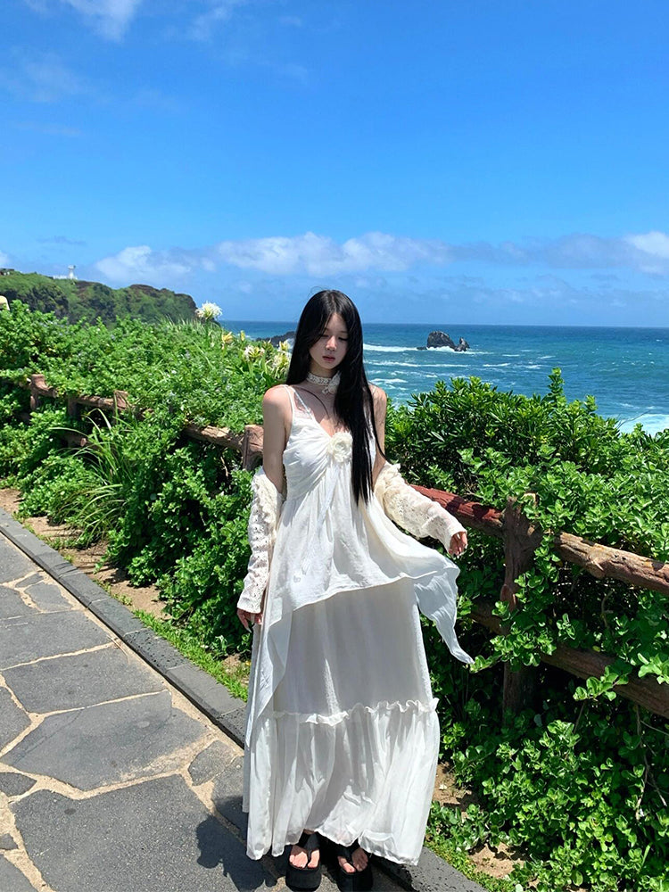 Minimalist White Spaghetti Strap Maxi Dress – Chic Island Getaway Look