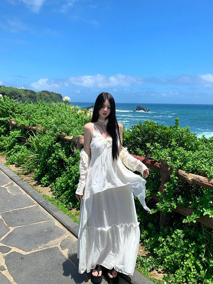 Minimalist White Spaghetti Strap Maxi Dress – Chic Island Getaway Look