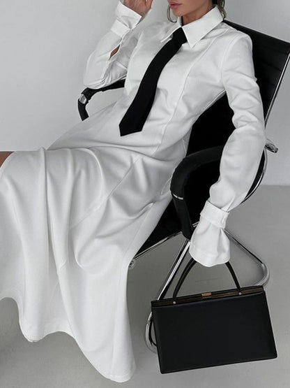 A-Line Flared Sleeves Buttoned Solid Color Split-Joint Split-Side Lapel Maxi Dresses Shirt Dress