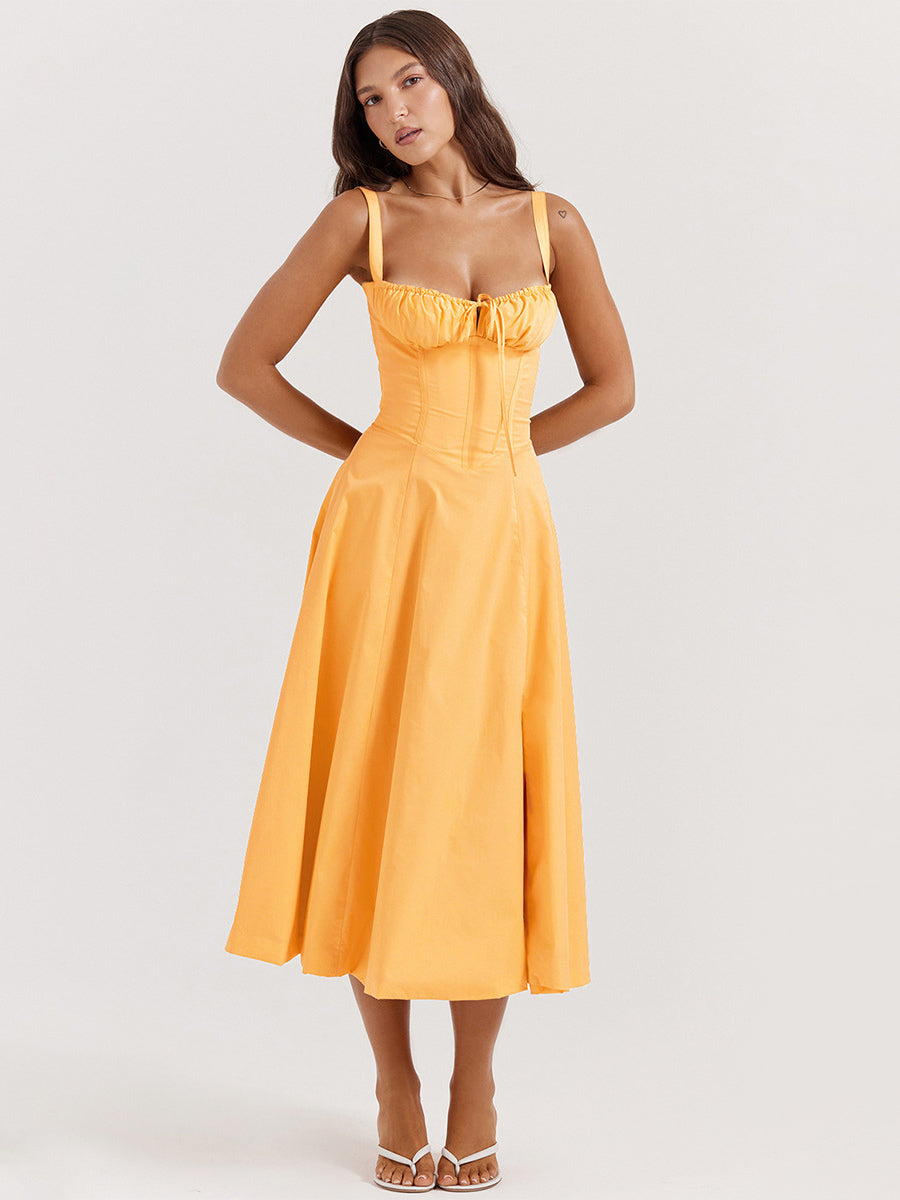 Summer Dress Sleeveless Straps Neck Chic Lace Up Midi Dress For Women