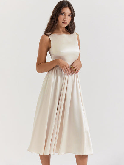Elegant Sleeveless Dress Boatneck Pleated A-Line Prom Party Midi Dresses
