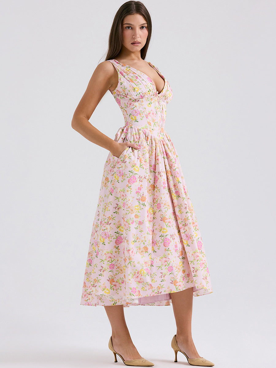 Sleeveless Dress Floral Pleated Knot Details Party Midi Dresses