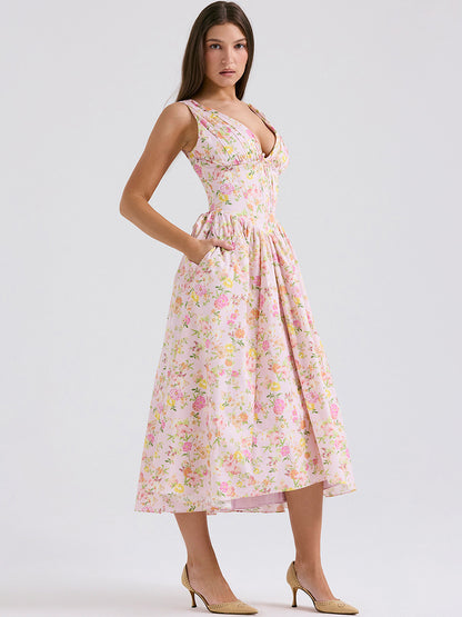 Sleeveless Dress Floral Pleated Knot Details Party Midi Dresses