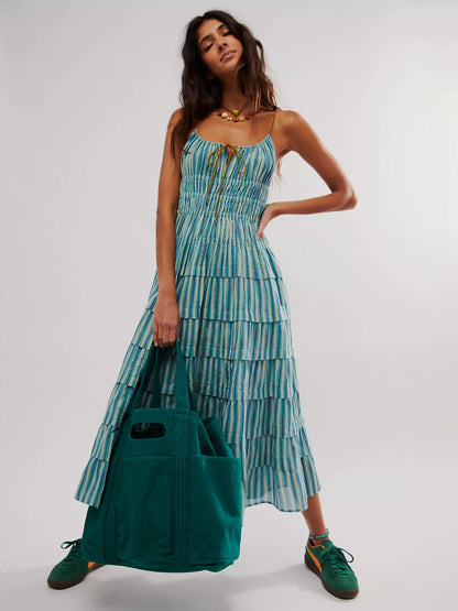 Bohemian Dress Layered Pleated Spaghetti Straps Backless Resort Midi Dresses