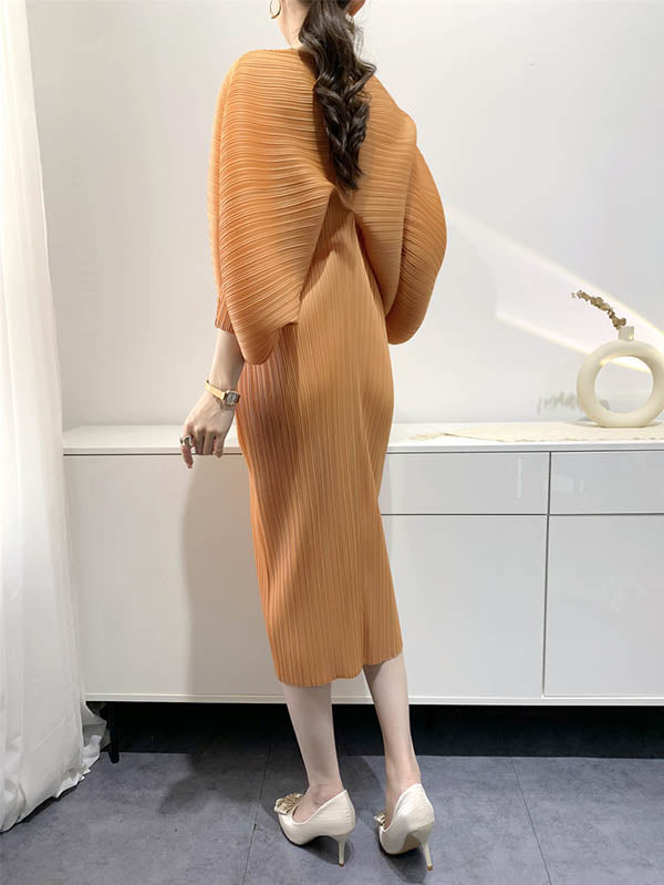 Original Creation Loose Batwing Sleeves Pleated Solid Color V-Neck Midi Dresses