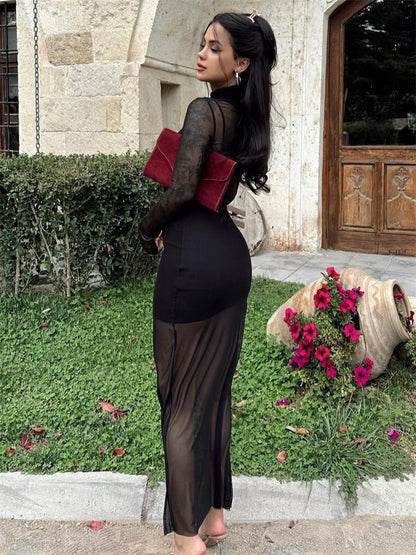 Tossy Mesh 2 Piece-Set Dress Women See-Through Slim Sexy Mini Dress Fashion Long Sleeve Patchwork Autumn 2024 Maxi Dress Sets