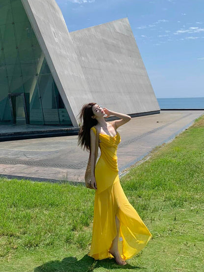 Golden Mesh Ruffle V-Neck Maxi Dress – Flowing & Photogenic Beach Gown