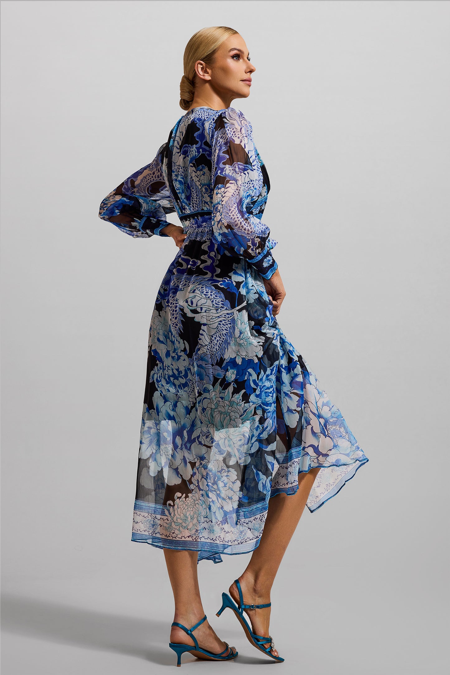 Dragon Print V-Neck Lantern Sleeve Midi Dress Dark Blue