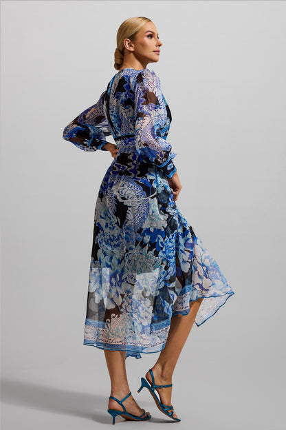 Dragon Print V-Neck Lantern Sleeve Midi Dress Dark Blue