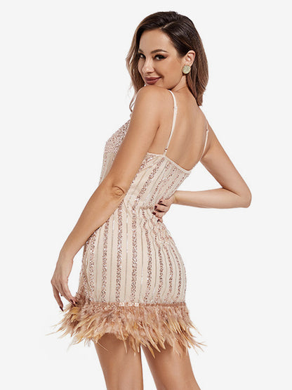 Vintage Mini Dress Spaghetti Straps Feather Sequin Embellished Party Dresses