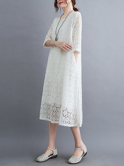 Casual Half Sleeves Loose Solid Color Round-Neck Midi Dresses