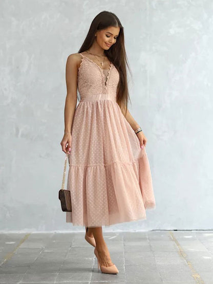 Birthday Lace V-Neck Sleeveless Midi Dresses