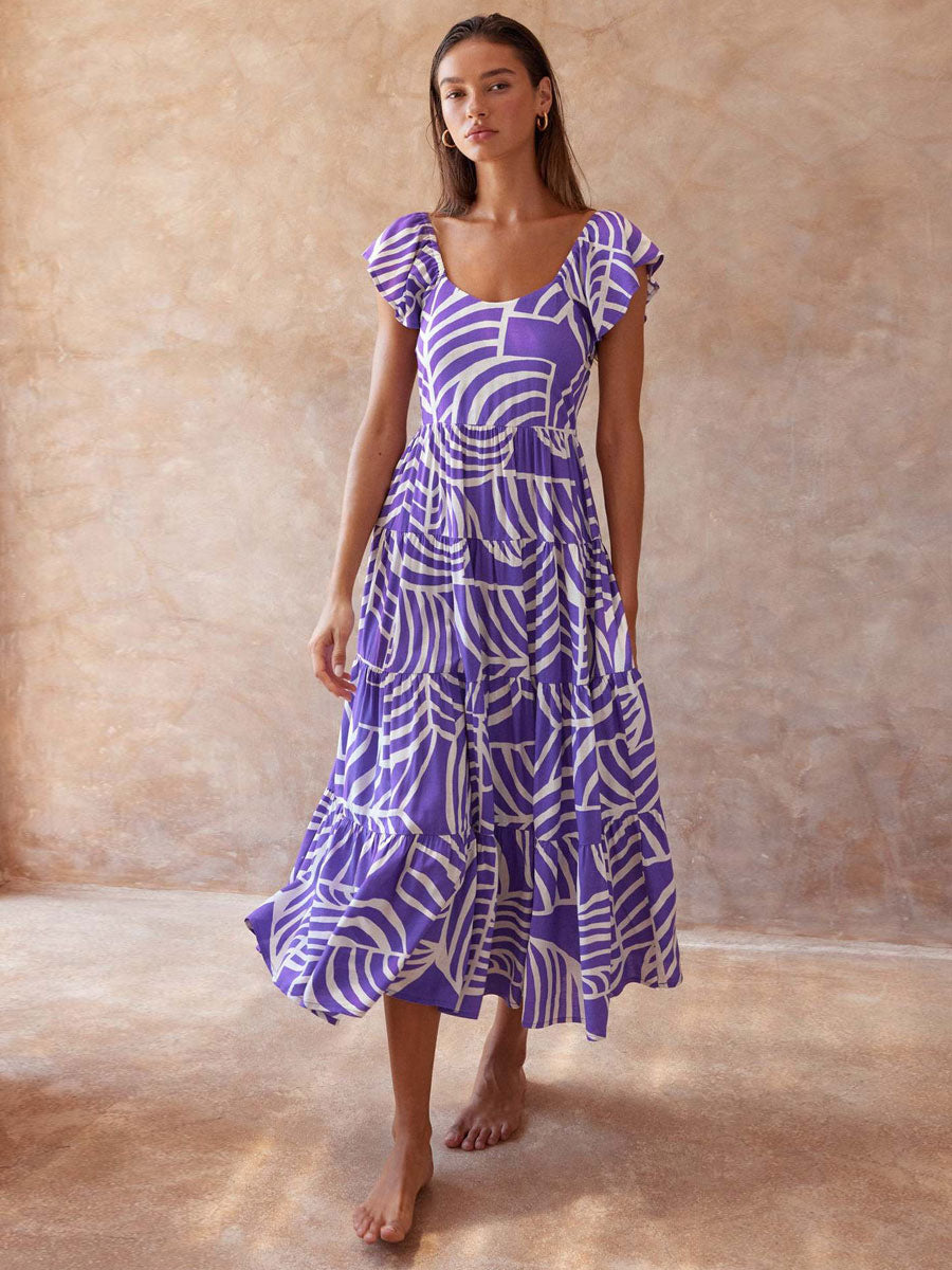 Printed Dress Tiered Cap Sleeves Scoop Neckline Casual Summer Midi Dresses