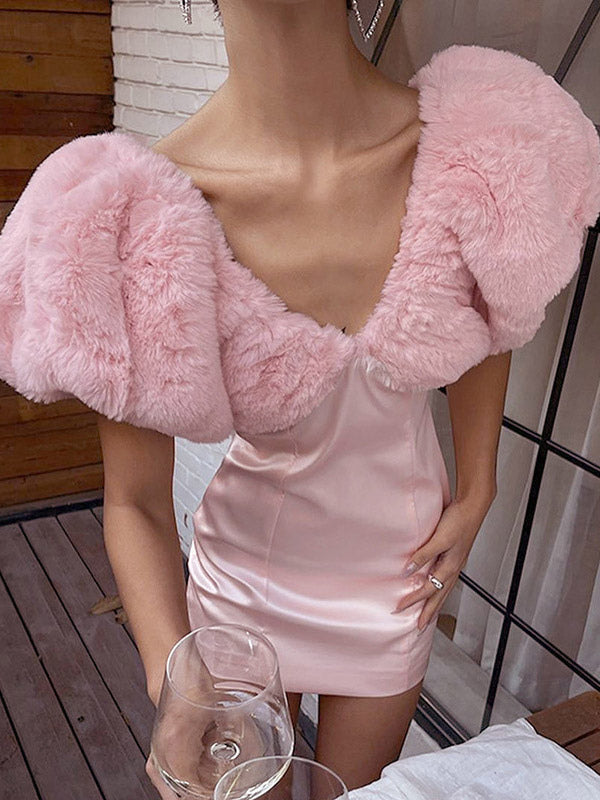 Birthday Party Dresses Pink V-Neck Faux Fur Trim Mini Dress In Pink