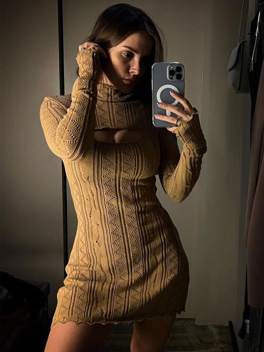 Knitted Dress High Collar Cut Out Long Sleeves Hollow Mini Dresses