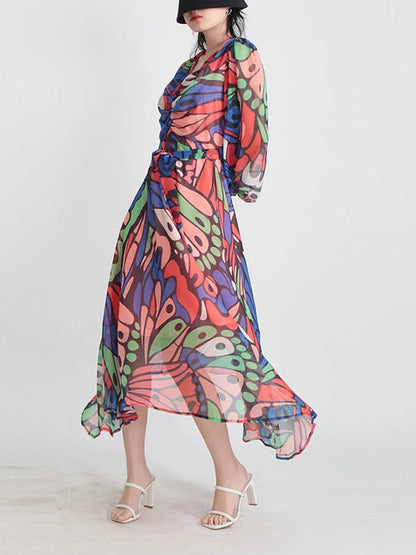 High Waisted Long Sleeves Buttoned Printed Split-Joint V-Neck Midi Dresses