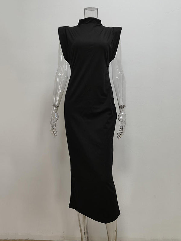 Plus Size Skinny Solid Color Zipper Mock Neck Midi Dresses