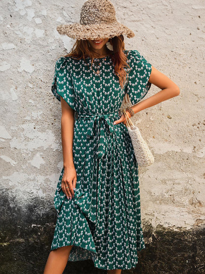 Floral Dress Midi Dress Dresses Stretch Sash Jewel Neck Short Sleeves Bohemian Summer