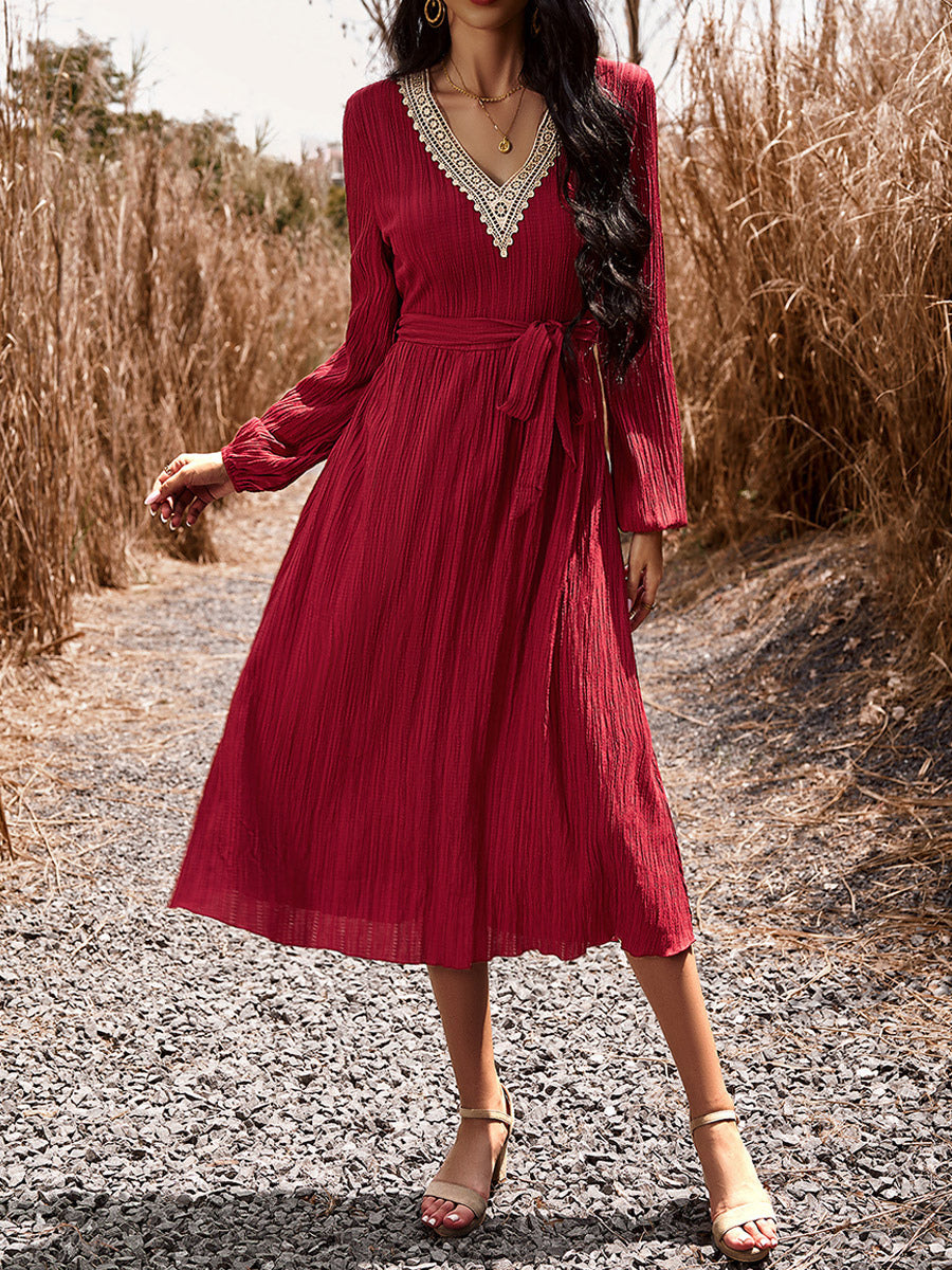 Bohemian Dress V-Neck Lantern Sleeves Belted Midi Dresses