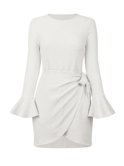 Simple Long Sleeves Skinny Tied Falbala Solid Color Round-Neck Mini Dresses