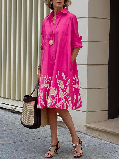 Long Sleeves Leaves Print Lapel Midi Dresses