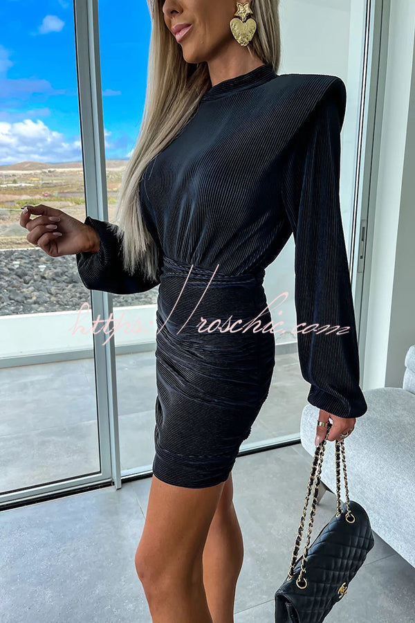 Tolly Padded Shoulder Balloon Sleeve Ruched Ribbed Mini Dress