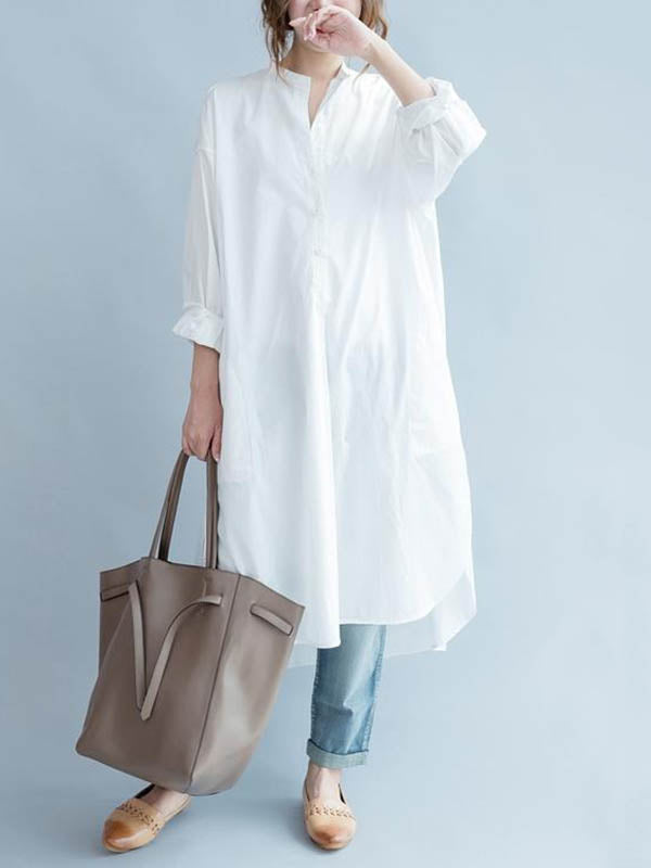 High-Low Long Sleeves Buttoned Solid Color Split-Side Lapel Midi Dresses Shirt Dress