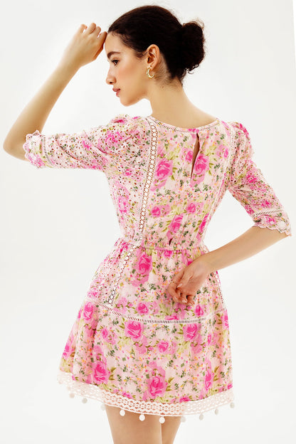 Floral Puff Sleeve Lace Trim Ruffle Mini Dress