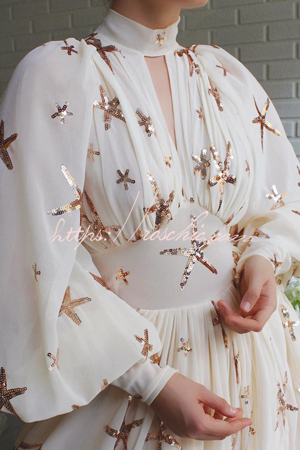 Grand Evening Chiffon Star Sequins Lantern Sleeve Party Maxi Dress