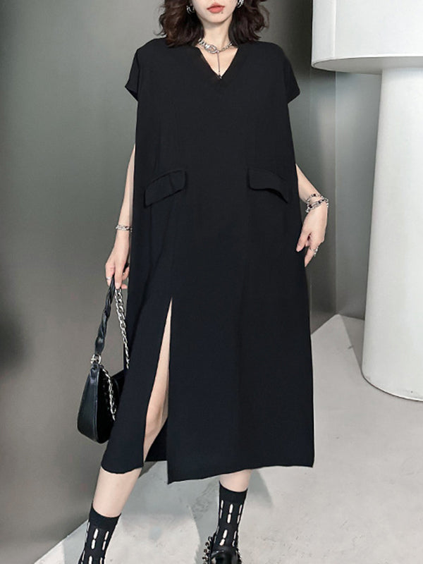 Loose Short Sleeves Asymmetric Solid Color Split-Joint Split-Side V-Neck Midi Dresses