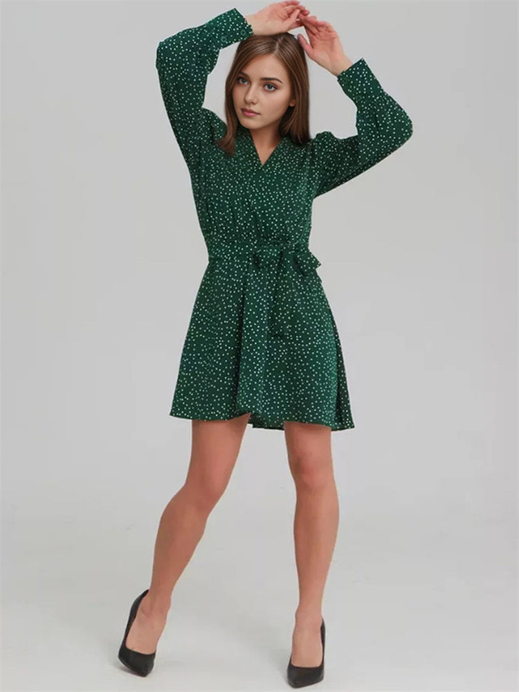 Tossy Lace-Up High Waist V-Neck Mini Dress For Women Fashion Slim Long Sleeve Elegant Bandage Dress Female Printed Dress Summer