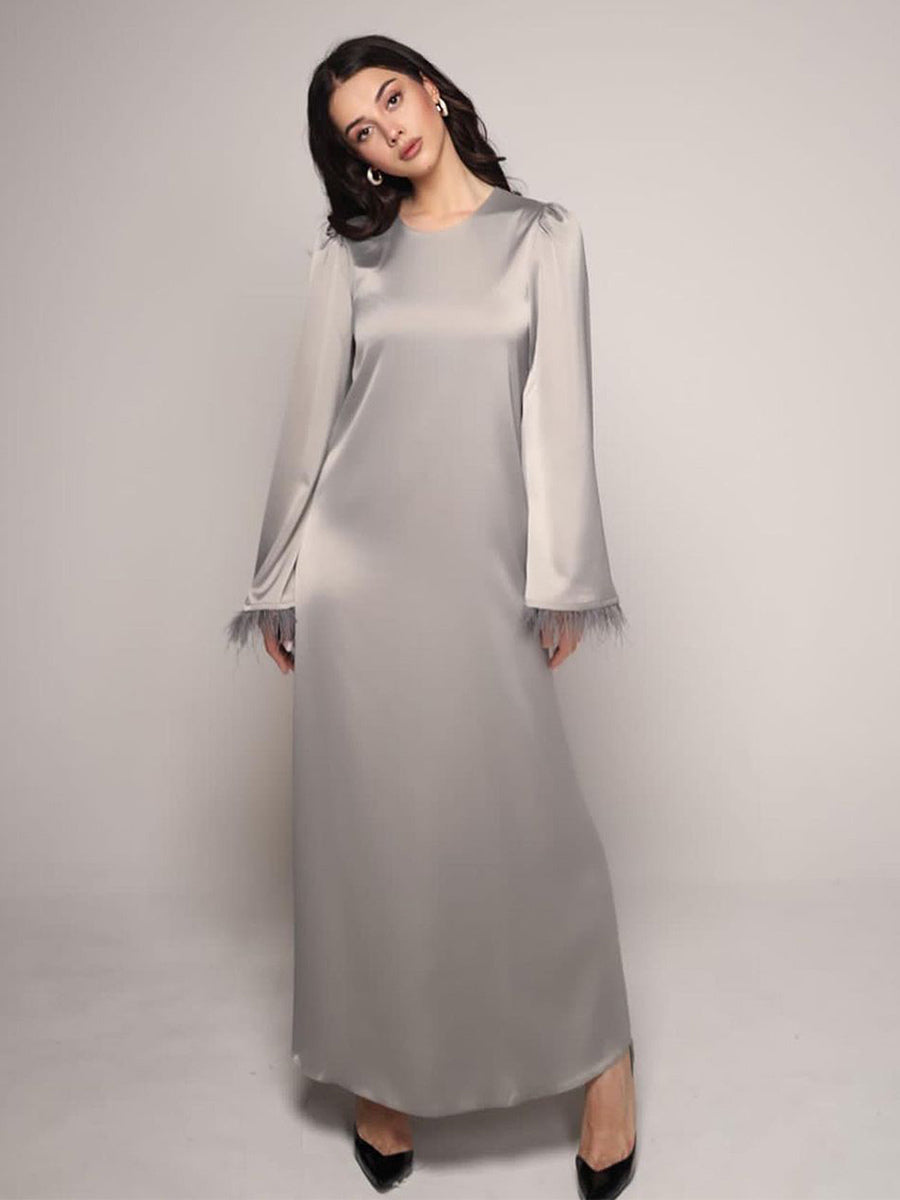 Satin Long Dress Feather Sleeves Belted Classic Party Maxi Dresses