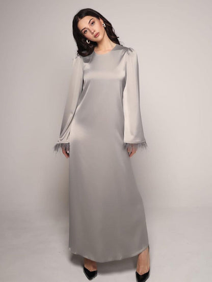 Satin Long Dress Feather Sleeves Belted Classic Party Maxi Dresses