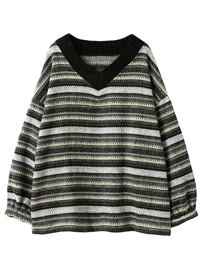 V Neck Striped Knit Sweater