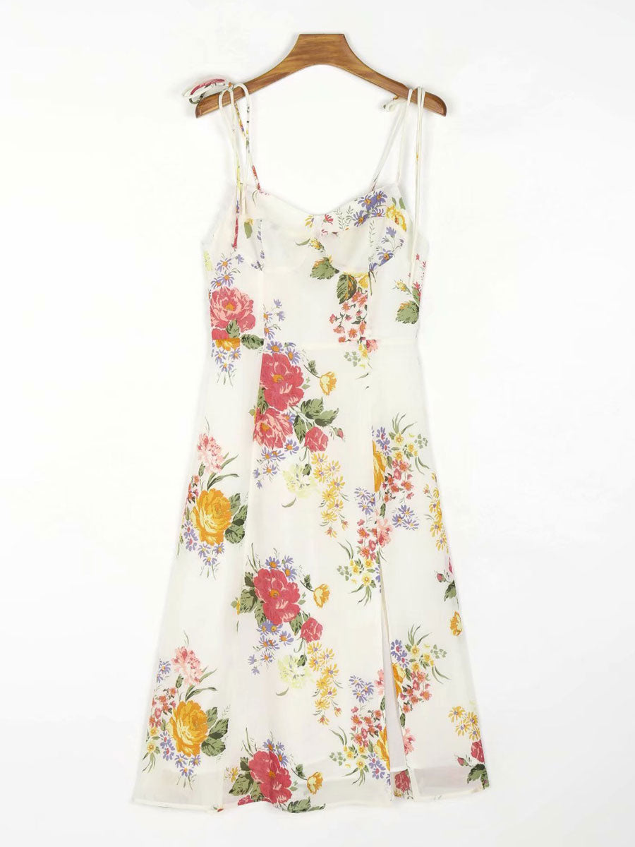 Floral Midi Dresses Floral Print Spaghetti Straps High-slit Split Front Straps Neck Sleeveless Zipper Front Slit Sexy Summer Medium Dress