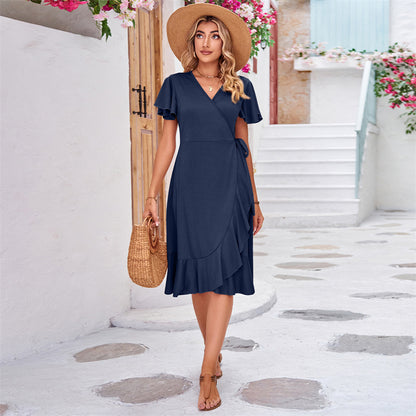 V-Neck Short Sleeve Irregular Midi Dress in Various Colors