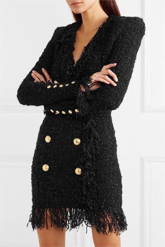 Tassel Hem Metal Button V-Neck Mini Dress