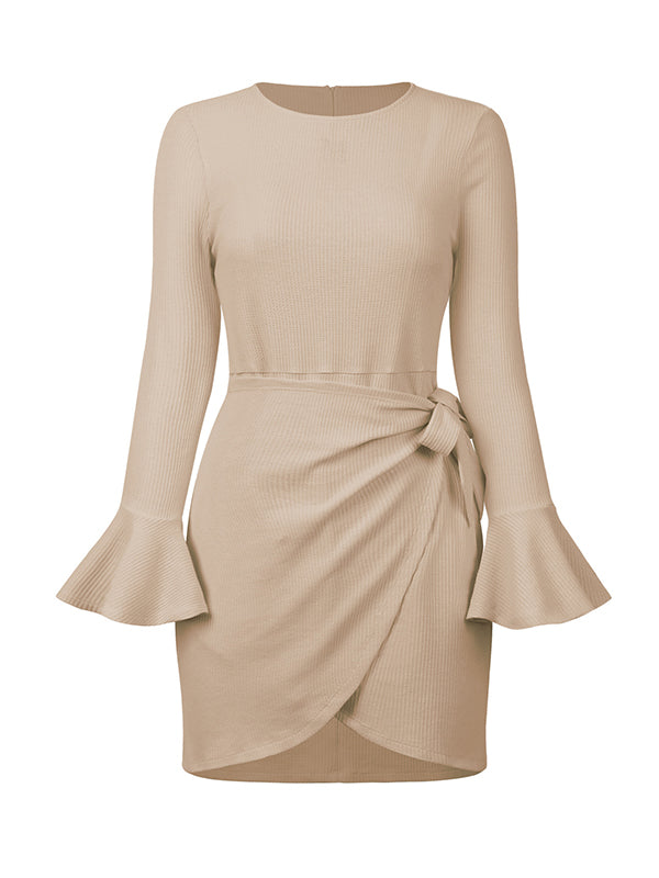Simple Long Sleeves Skinny Tied Falbala Solid Color Round-Neck Mini Dresses