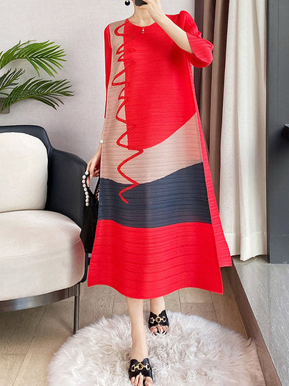 Loose Three-Quarter Sleeves Contrast Color Pleated Printed Round-Neck Midi Dresses