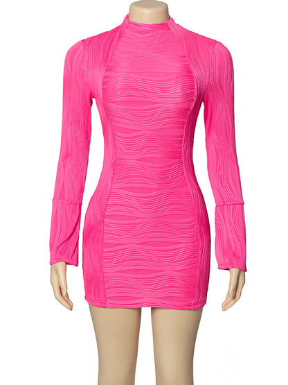 Bodycon Long Sleeves Pleated Solid Color Split-Joint Round-Neck Mini Dresses