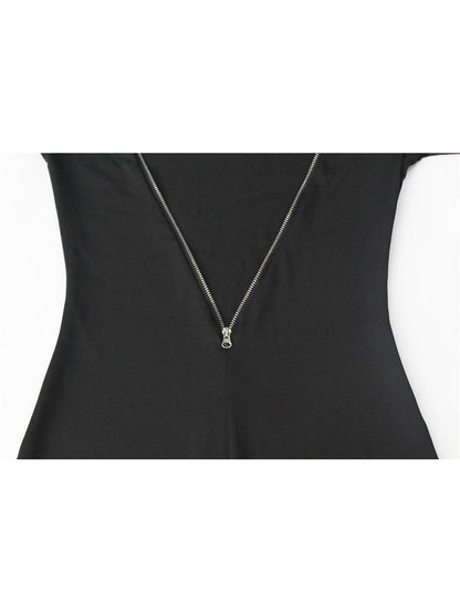 Full Sleeves Backless Pure Slit Midi Dress with Zipper