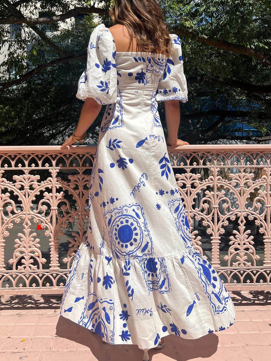 Mediterranean-Puff Sleeve Midi Dress