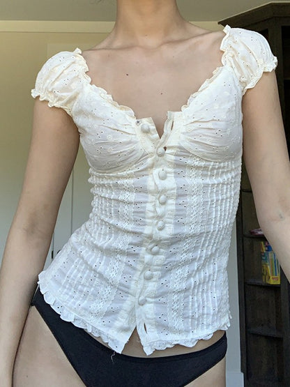Button Down Broidered Lace Crop Blouse