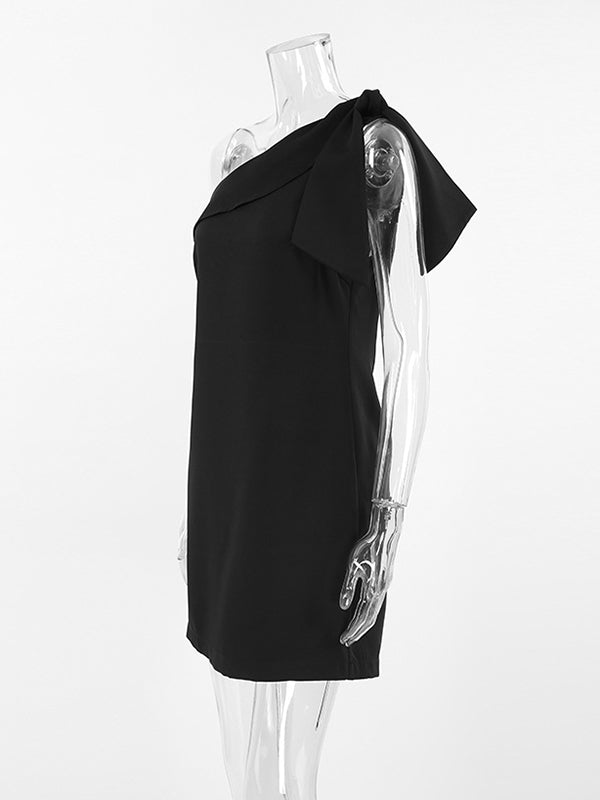 Loose Sleeveless Solid Color Split-Joint Tied Zipper One-Shoulder Mini Dresses