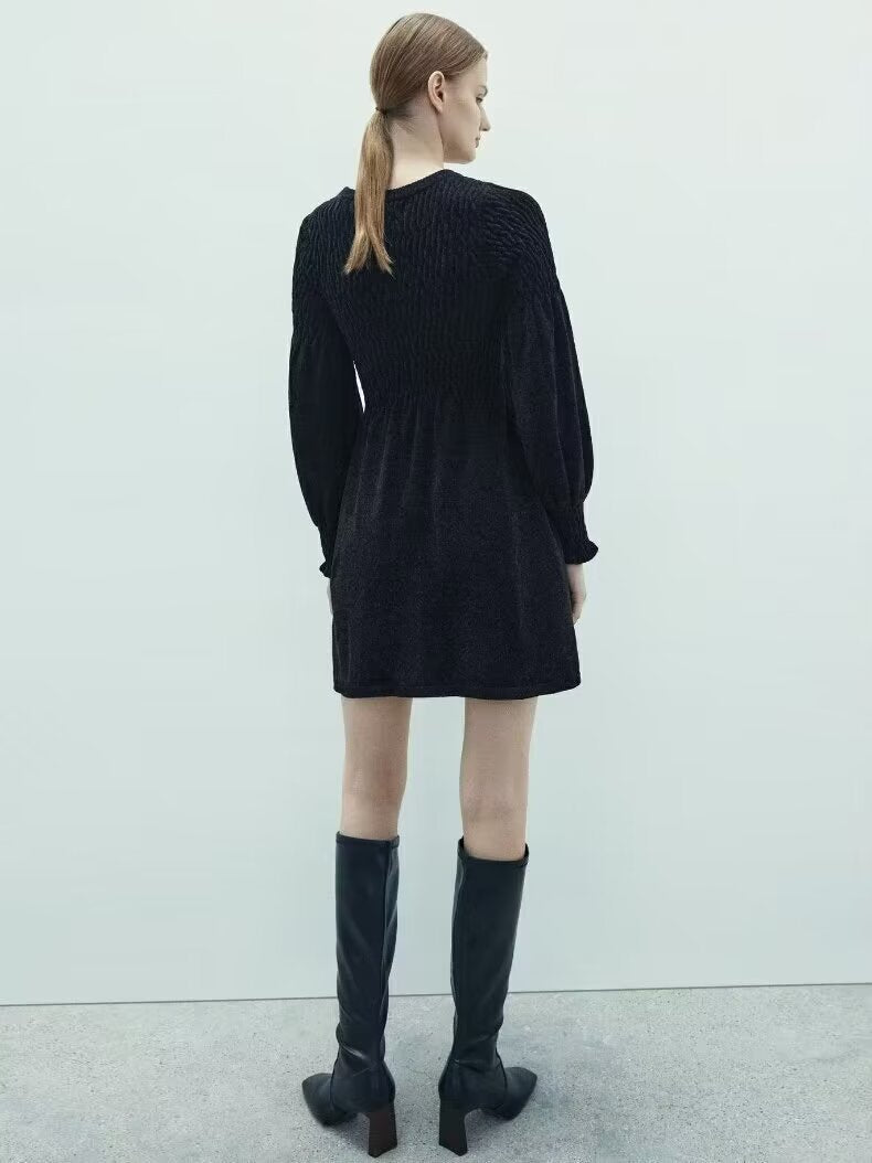 Hollow Out Cutout Thick Dress: Long Sleeve Fall Winter Inner Wear Midi Dress