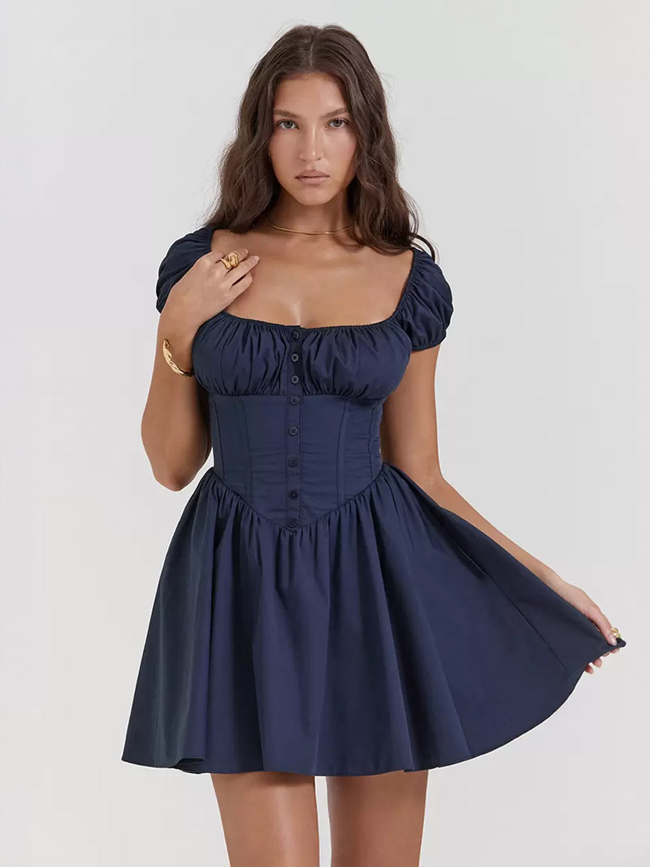 Short Dress Pleated Square Neck Puff Sleeves Graduation Party Mini Dresses