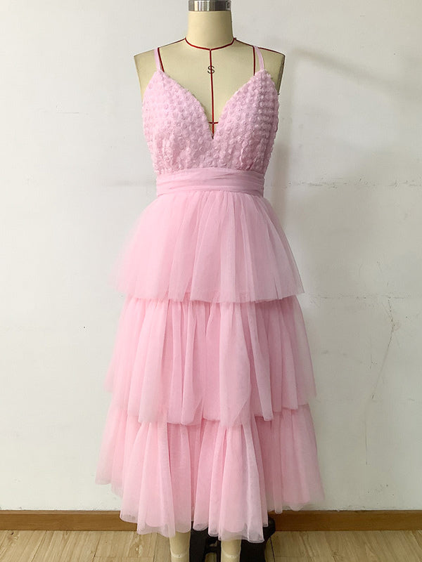 Fairylike Tulle Dress Layered V-Neck Halter Backless Sweet Midi Dresses