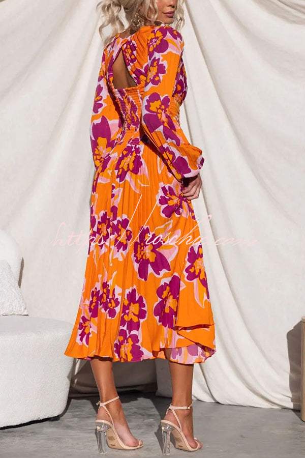 Feeling Loved Floral Print Back Cutout Pleated Midi Dress