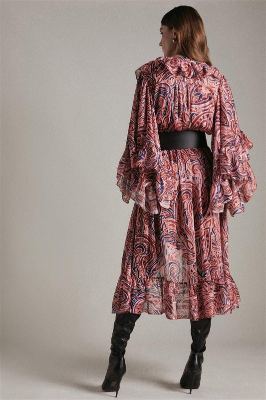 Abstract Print V-Neck Frill Midi Dress