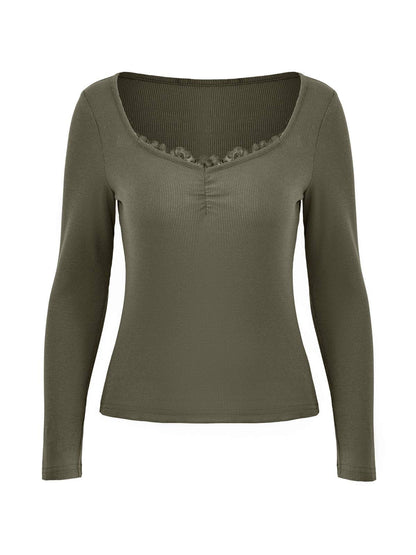 Lace Trim Black Long Sleeve Knit Top